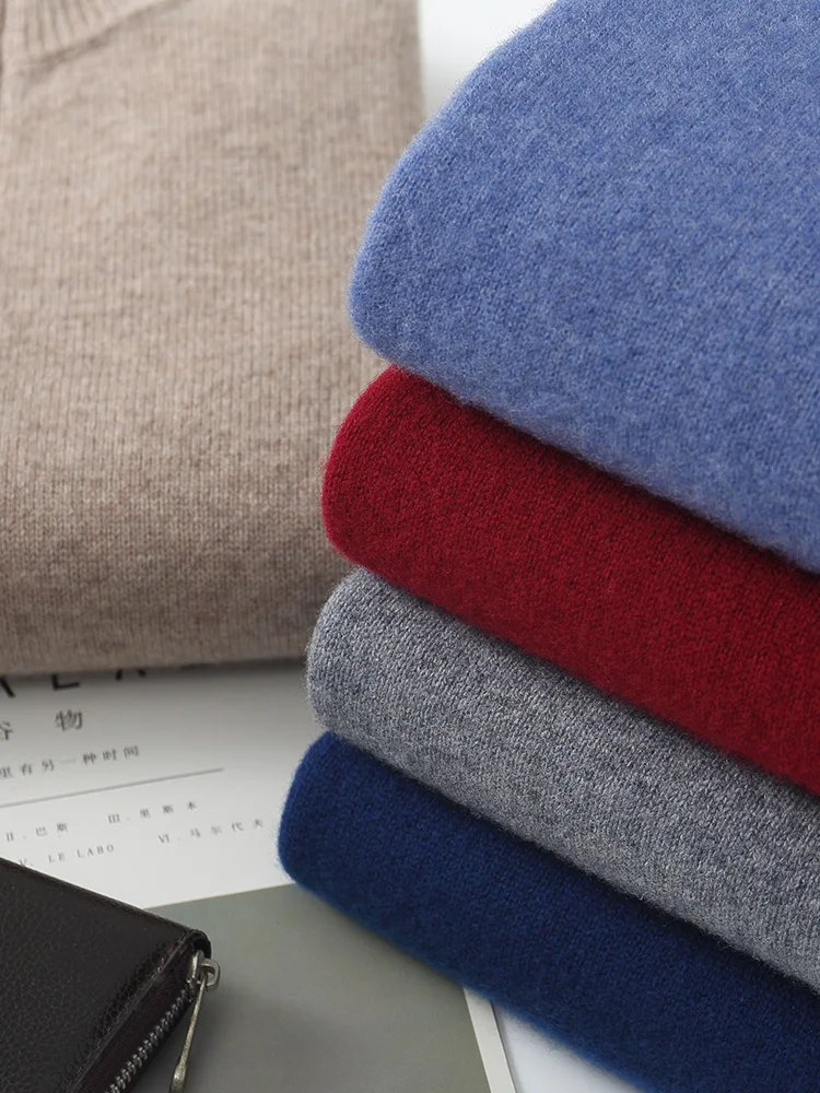 Autumn Winter Men's Mock Neck Pullover 100% Merino Wool Knitted Sweater Turn-Down Collared Zipper Casual Loose Warm Clothes