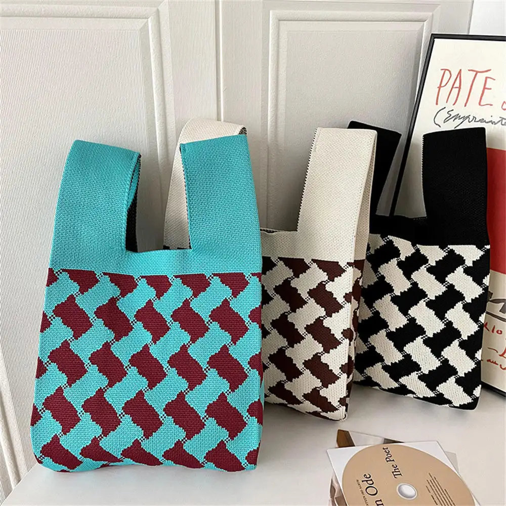 Handmade Knit Handbag Women Mini Knot Wrist-bag Female Casual Color Wide Stripe Plaid Tote Bag Student Reusable Shopping Bag