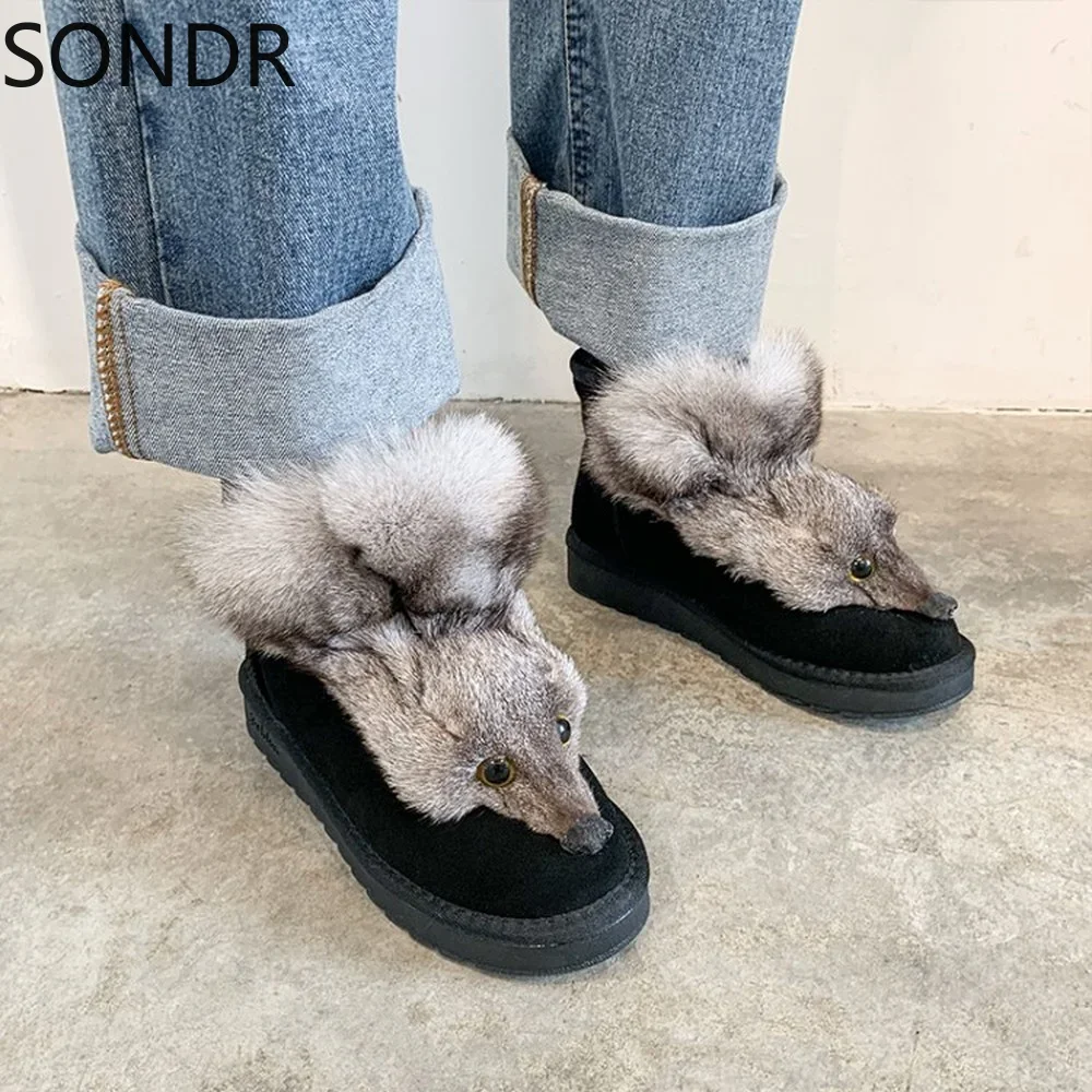 Womens Round Toe Real Fox Fur Ankle Boots Warm Winter Snow Shoes Thick Platform Girls 3Colors