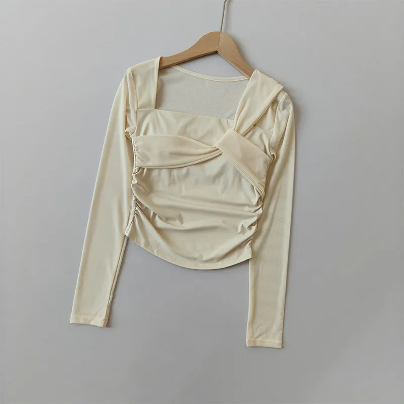 Damen Herbst-Winter Yoga Mesh Atmungsaktives Lauf-Sport-Langarm-Crop-Top mit Brustpolstern, Hochwertige Fitness-Oberteile – Detail 3