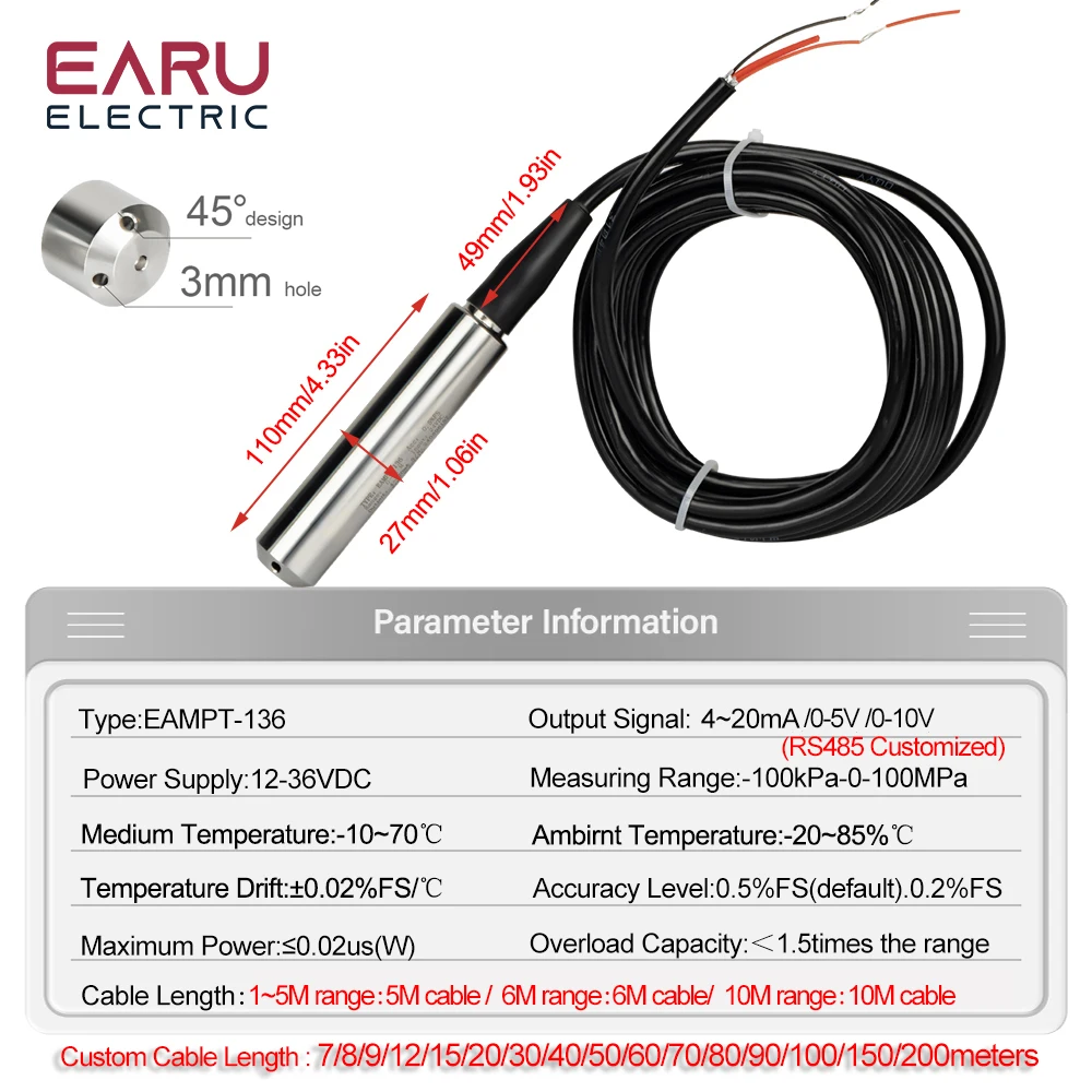 4-20mA 0-5V 0-10V Output Integral Liquid Oil Water Level Sensor Transmitter Probe Detect Controller Float Switch 3m 5m 10m Range