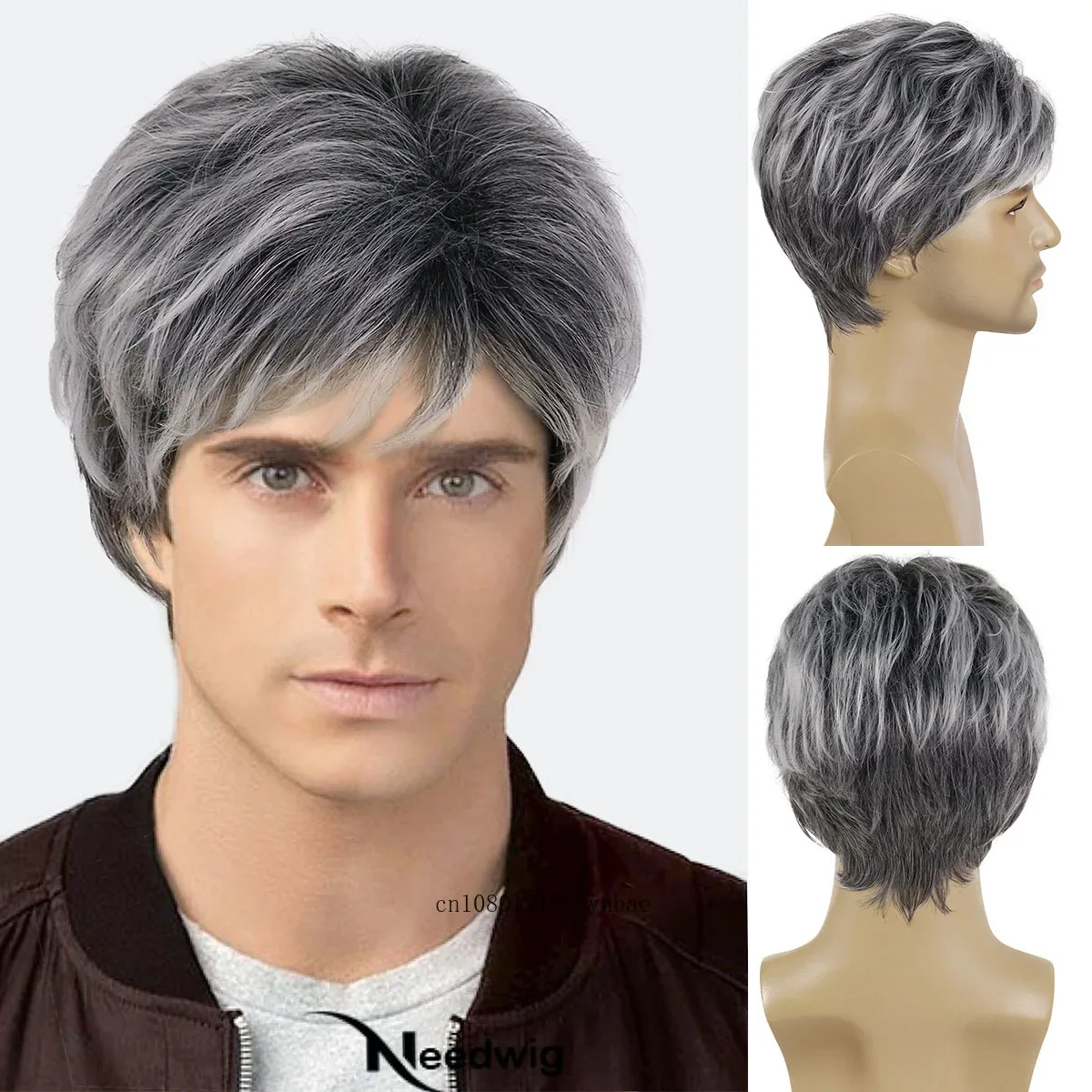 Short Mix Grey Wig Natural Synthetic Hair Layered Wigs with Bangs for Older Men Heat Resistant Daily Cosplay Costume Father Wig