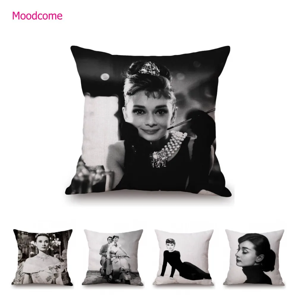 Vintage Black White Movie Poster Audrey Hepburn Portrait Art Quotes Cinema Lobby Decoration Pillow Case Linen Car Cushion Cover