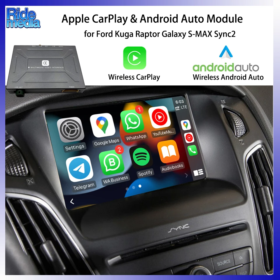 RideMedia 2026 Phone Apps Airplay GPS Music BT Wireless CarPlay Android Module for Ford Sync2 C-Max Kuga Mondeo Explorer
