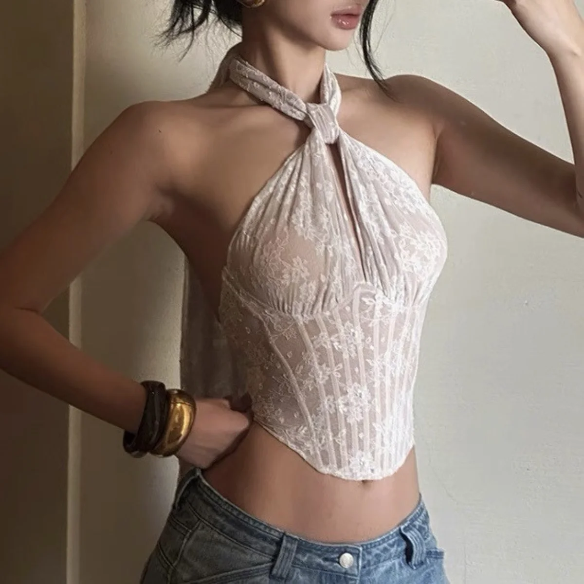 レースホルターバックレスクロップトップ白ノースリーブフィッシュボーンキャミソール夏のファッションストリートウェアカジュアルタンクトップ女性のためのスリムベスト