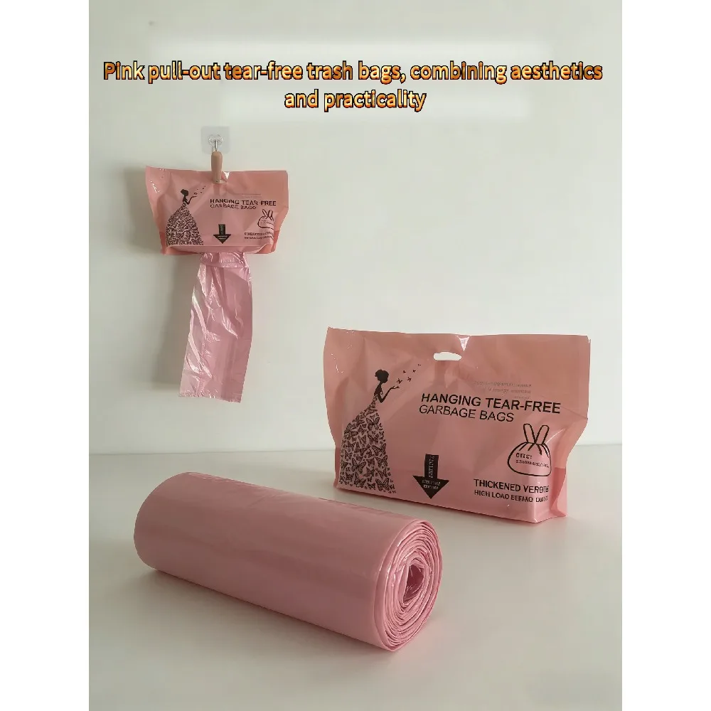1 Rolls 50 Count Rose Scented Drawstring Trash Bags, Pink Hanging Tear-Free Disposable Garbage Bags, Thick Heavy Duty Leakproof Bin Liners for Kitchen, Bathroom, Living Room Household Use