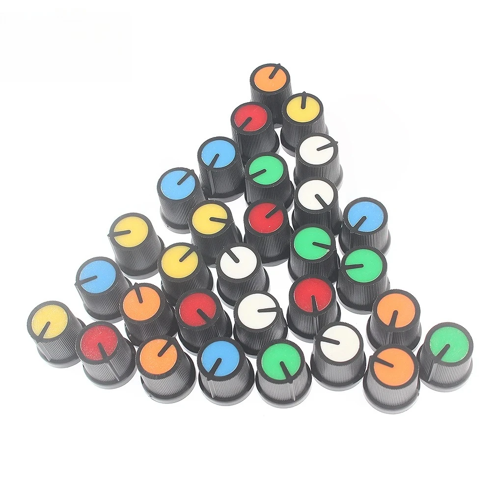 30PCS WH148 Potentiometer Knob Caps 6 Colors 15×15mm Copper Core 6mm Shaft Hole AG3 Yellow/Orange/Blue/White/Red/Green 6 Colors