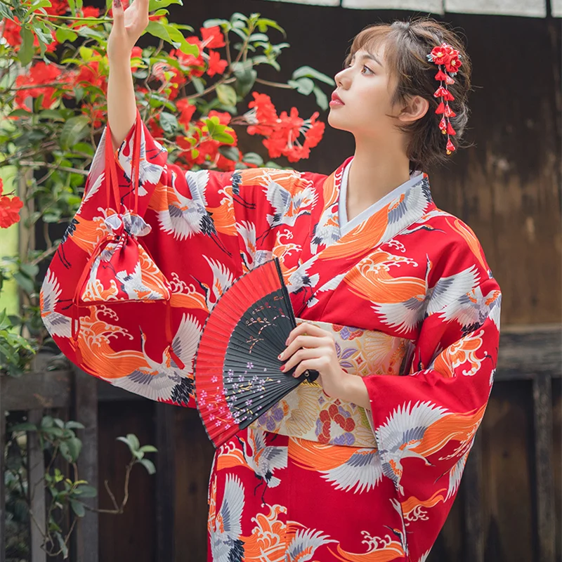 

Women's Japan Style Kimono Red Color Crane Prints Yuaka Robe Cosplay Clothing Vintage Stage Performing Dress