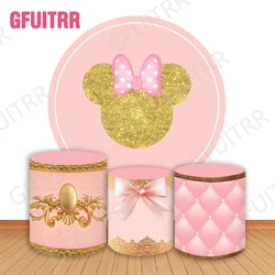 Disney Gold Minnie Round Backdrop Girls Birthday Party Baby Shower Decoration Pink Circle and Cylinder Covers Photo Background