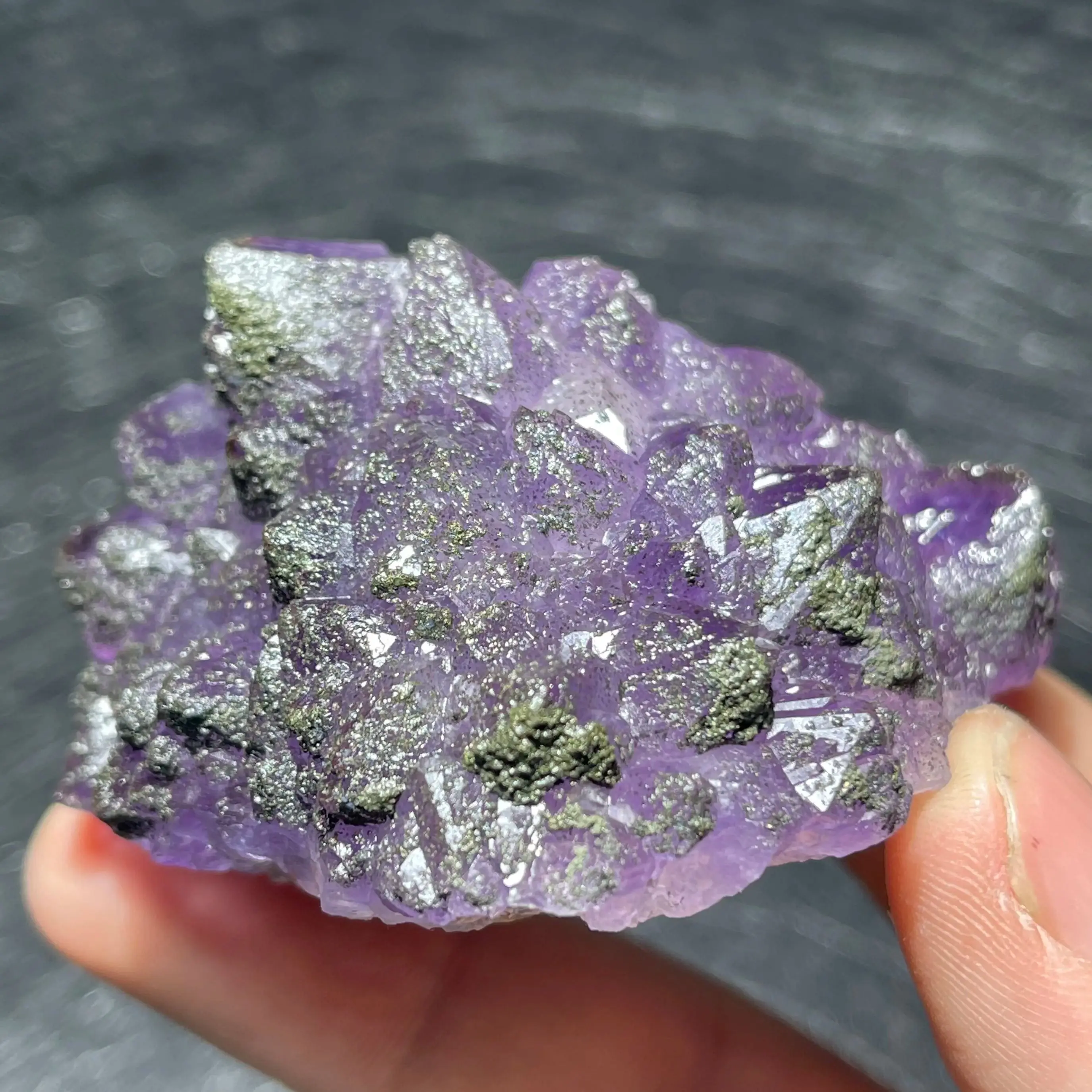 Natural amethyst cluster mineral specimen, amethyst, chalcopyrite and fluorite coexist raw stone from Indonesia Home Decoration