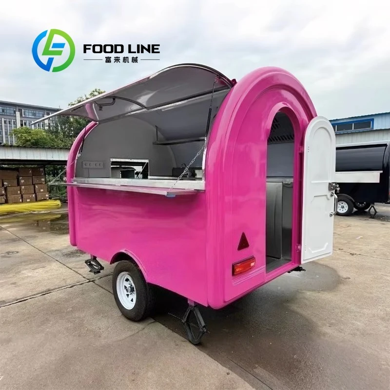 Commercial Hotdog Food Truck Trailer Pink Curved Fiberglass Ventilation Foldable Serving Window Customized