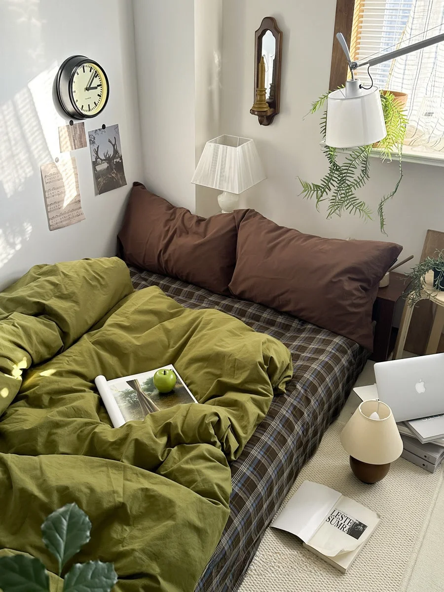 Pure Cotton Flannel Bedding Set Retro Plaid Design Avocado Color Washed Bed Sheet Cover Quilt Cover Bedding Three Piece Set