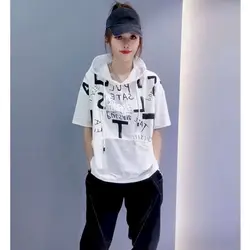 Summer Trendy T Shirts Women Korean Style Loose Short Sleeve T-shirt Fashion Letter Pocket Hoodie Casual All-match Hooded Tshirt