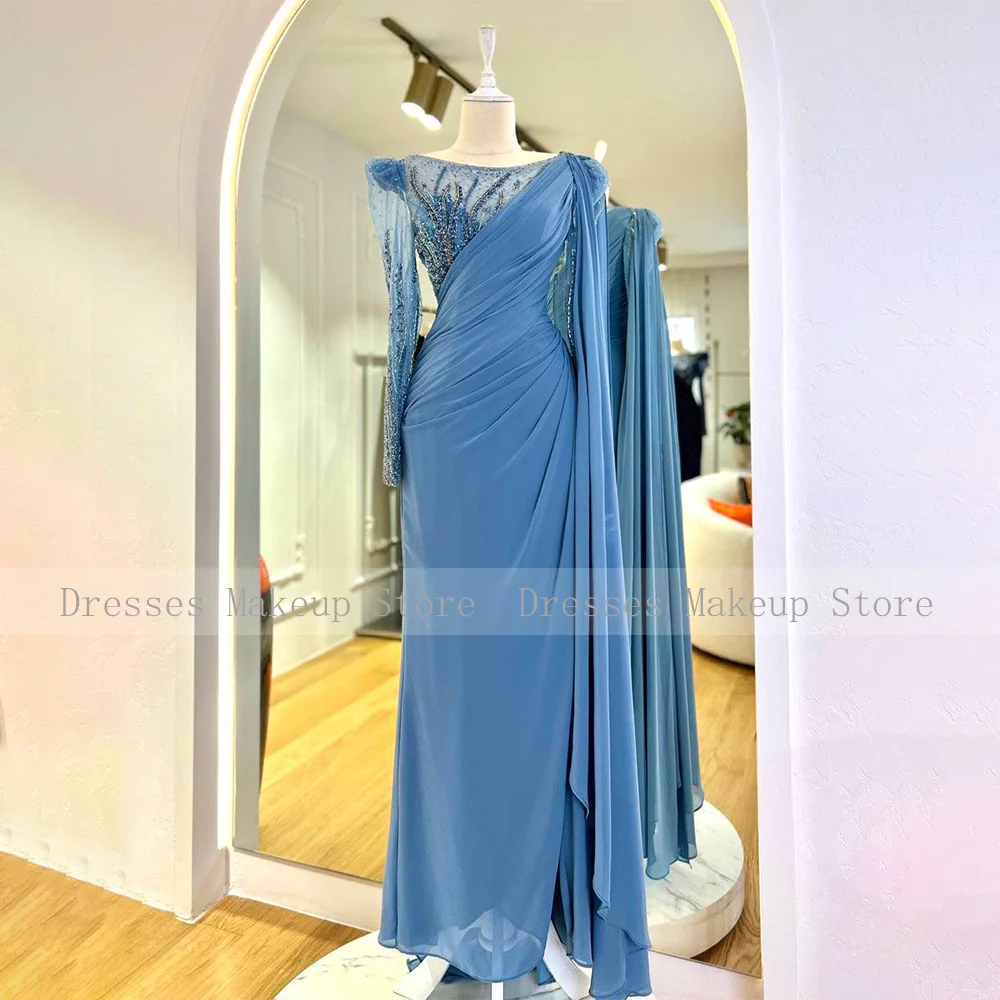 Sexy Evening Dress Sky Blue Beading Long Sleeves Luxury   Gowns  Side High Slit Mermaid Illusion Prom Dresses 2023