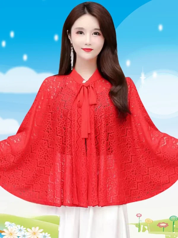 

Lightweight Lace Hollow out Summer Sun Protection awl Outerwear Loose Top Trendy Cloak Versatile Svel V-Ne Polyeste...