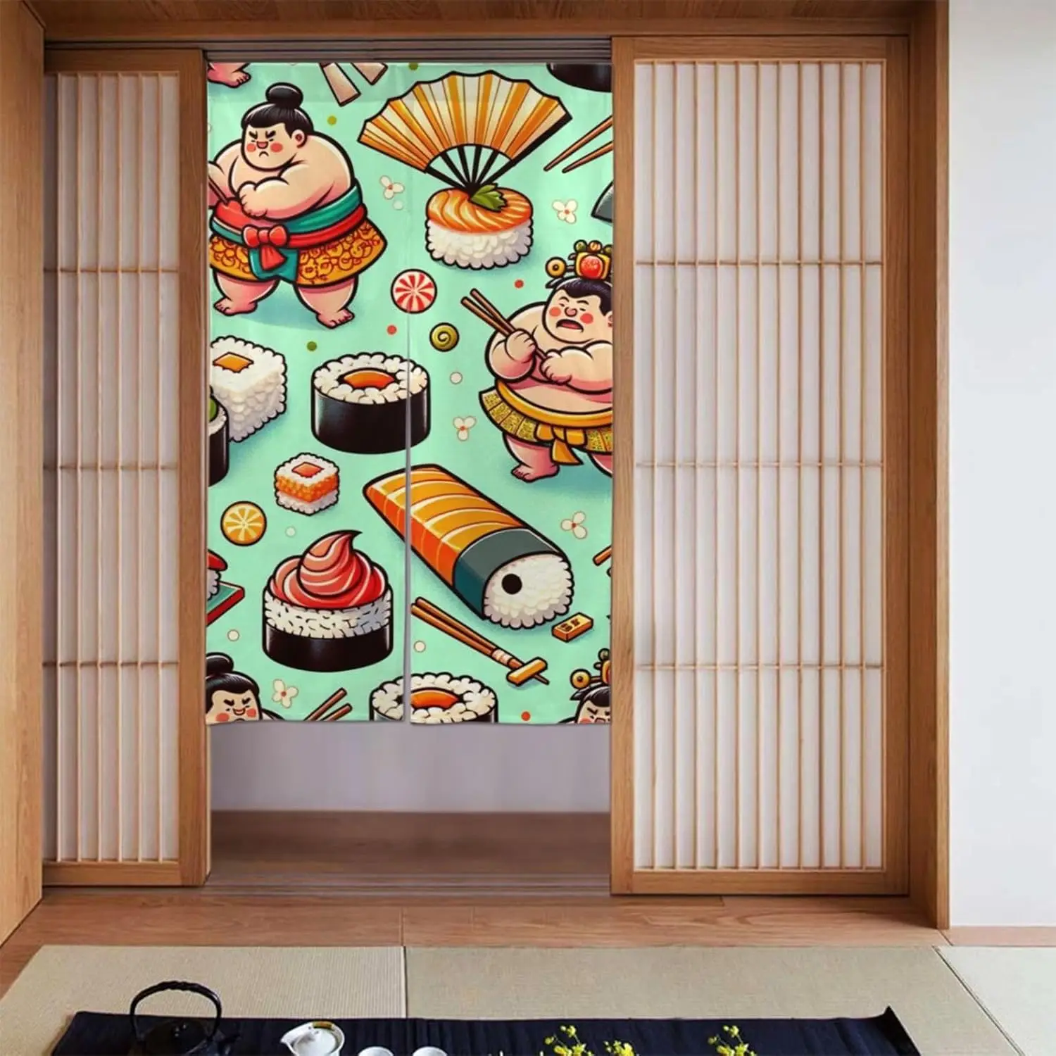 Cortina de puerta japonesa con diseño de sumo y sushi, fondo verde menta con estampado de luchador de sumo y sushi, decoración para bar de sushi e izakaya, separador de ambientes