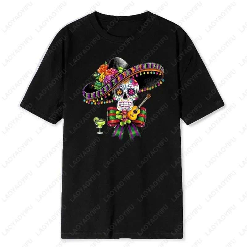 Camiseta con diseño de guitarra y esqueleto, estilo casual, para el Cinco de Mayo, ropa mexicana para el festival del 5 de mayo, camisetas divertidas unisex de algodón de alta calidad