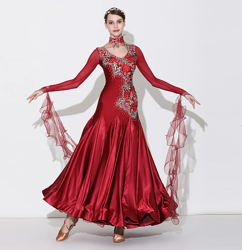 

Standard Ballroom Dance Skirt 2024 Lady's New Design Long Sleeve Red Waltz Ballroom Competition Dance Dresses