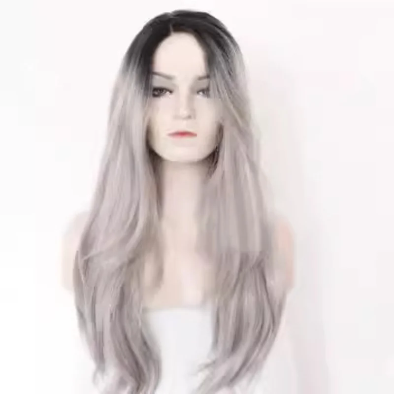 

Synthetic fiber mixed gray bleached black curly new style long hair wig European and American wi