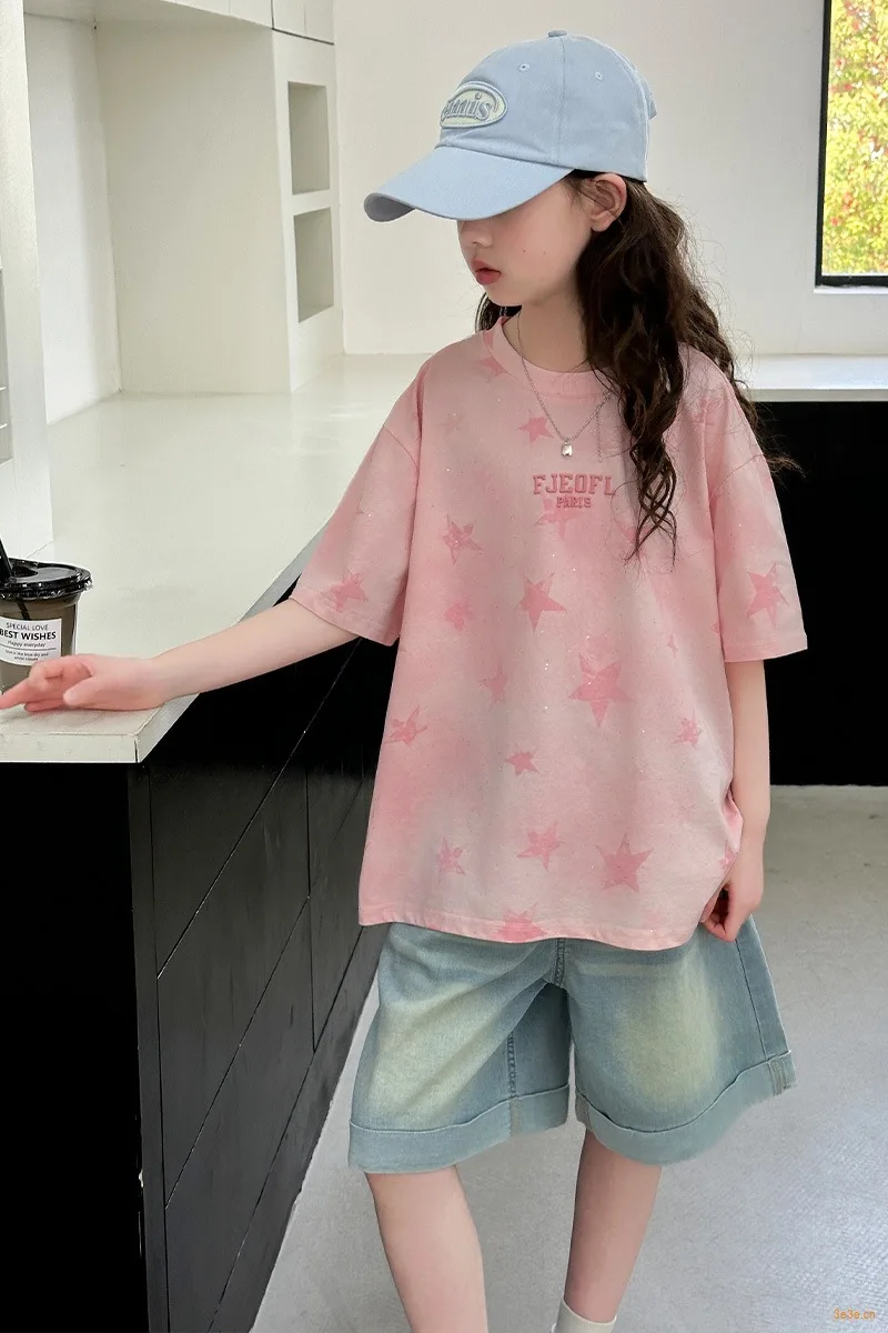 Newly arrived Girls' Summer Fashion Short sleeved T-shirt Children's Elegant Five pointed Star T-shirt Kids' Casual Clothing