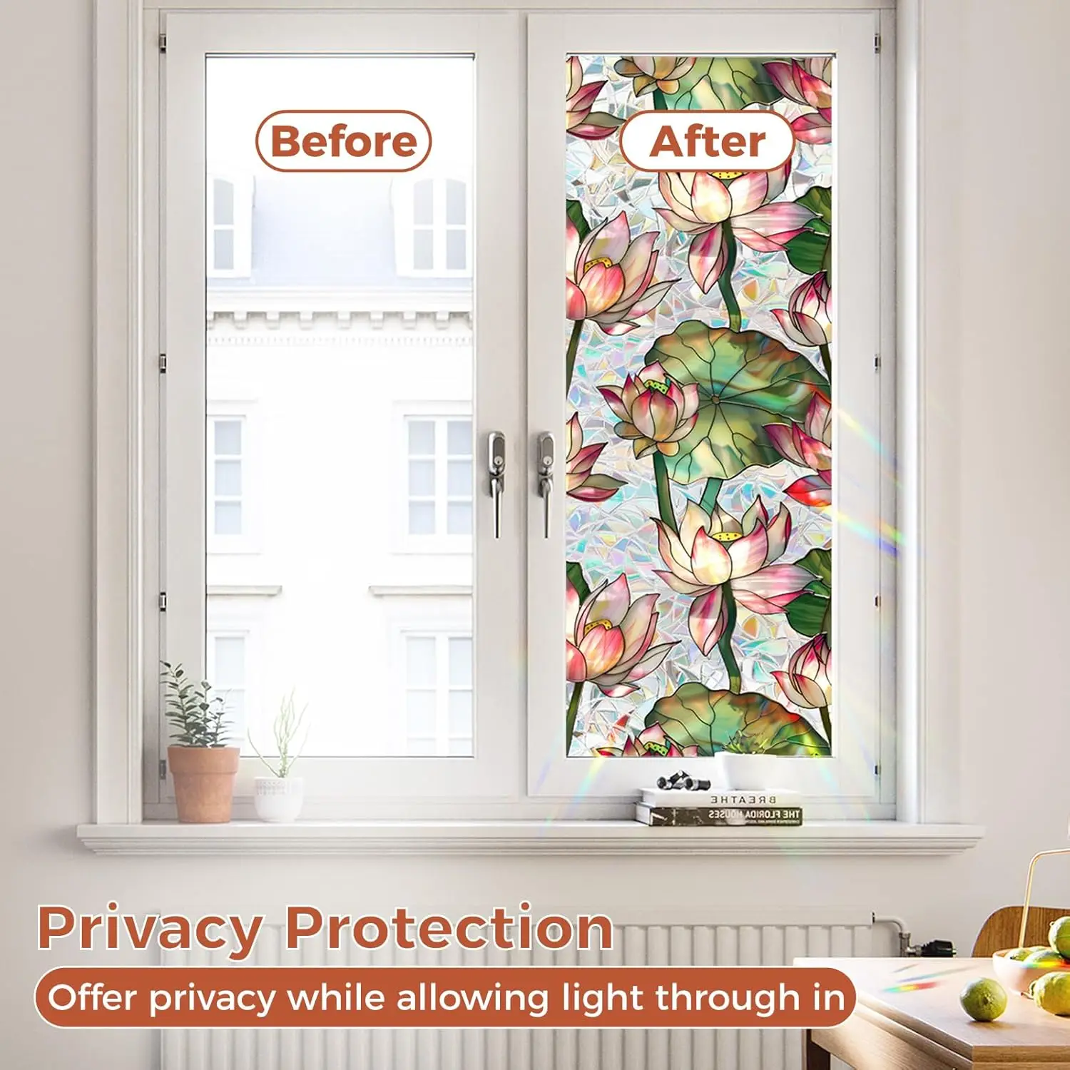 Rainbow Lotus Stained Glass Window Film, Privacy Glass Sticker, UV Block Heat Insulation Removable Window Tint for Home Bathroom