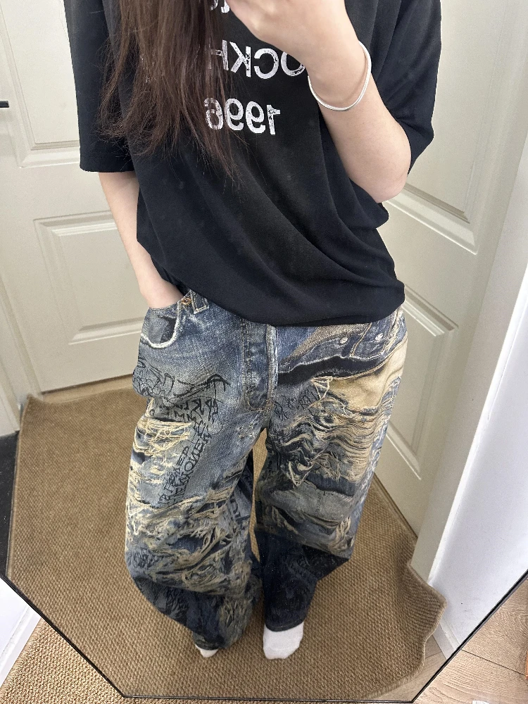 

AC Sle 3D цифровой принт, прямые рваные широкие джинсы, мешковатые джинсовые джинсы для мужчин и женщин, повседневные хлопковые впитывающие пот джинсы