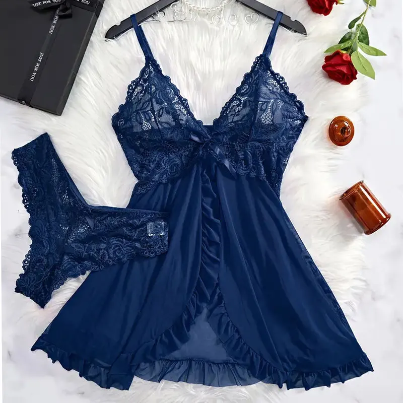 

Plus Size Exotic Sleepwear Lingerie Tulle Babydoor Dress Ultra Hot Sexy Nightgown V-neck Bra G-string Set Night Clothes Pajamas