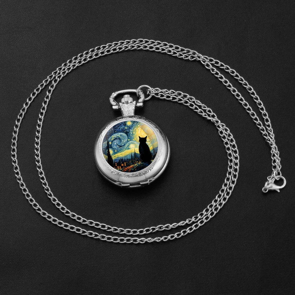 Fashion Starry Sky Cat Theme Pattern Pocket Watch Women Men Children Pendant Necklace Jewelry Watches Gift