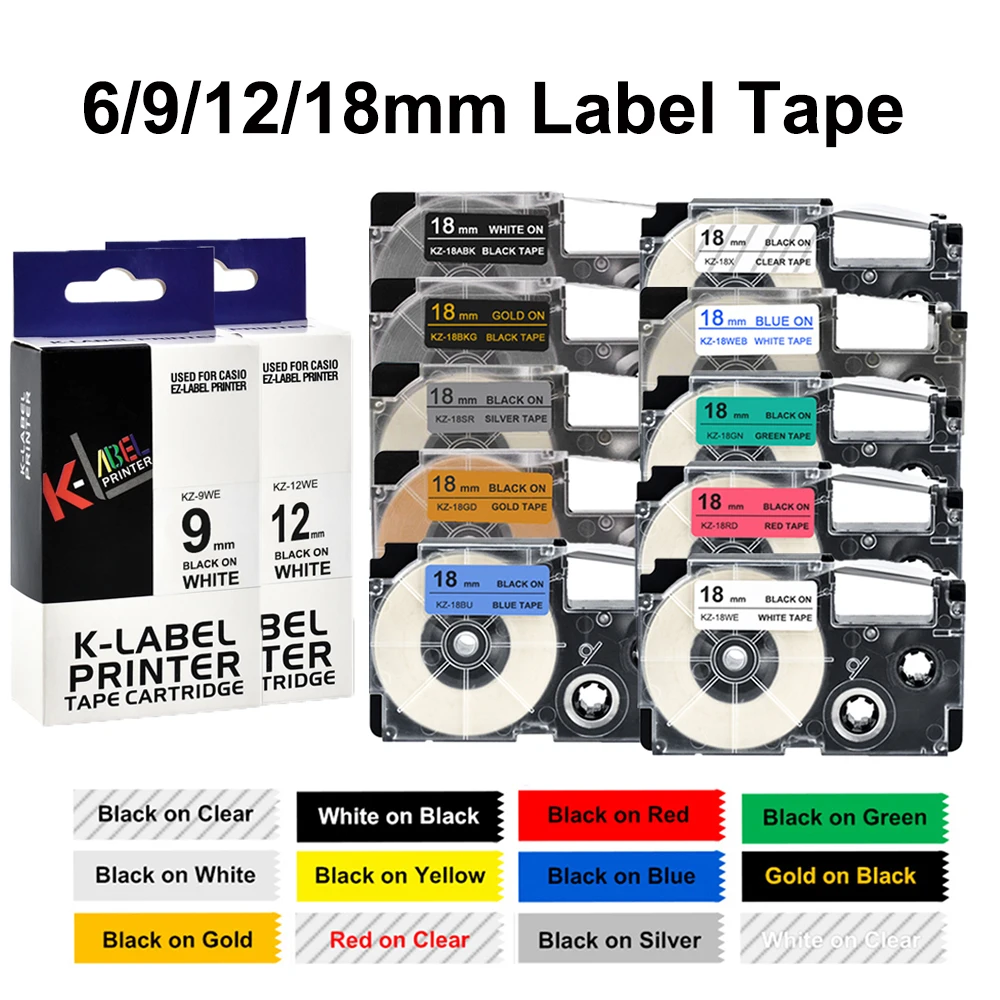 6/9/12/18mm Label Tape XR12WE XR-12WE XR-9WE XR18WE XR6WE XR-9X XR-9YW Ribbon Compatible Casio KL-120 KL-60 Label Maker Labeller