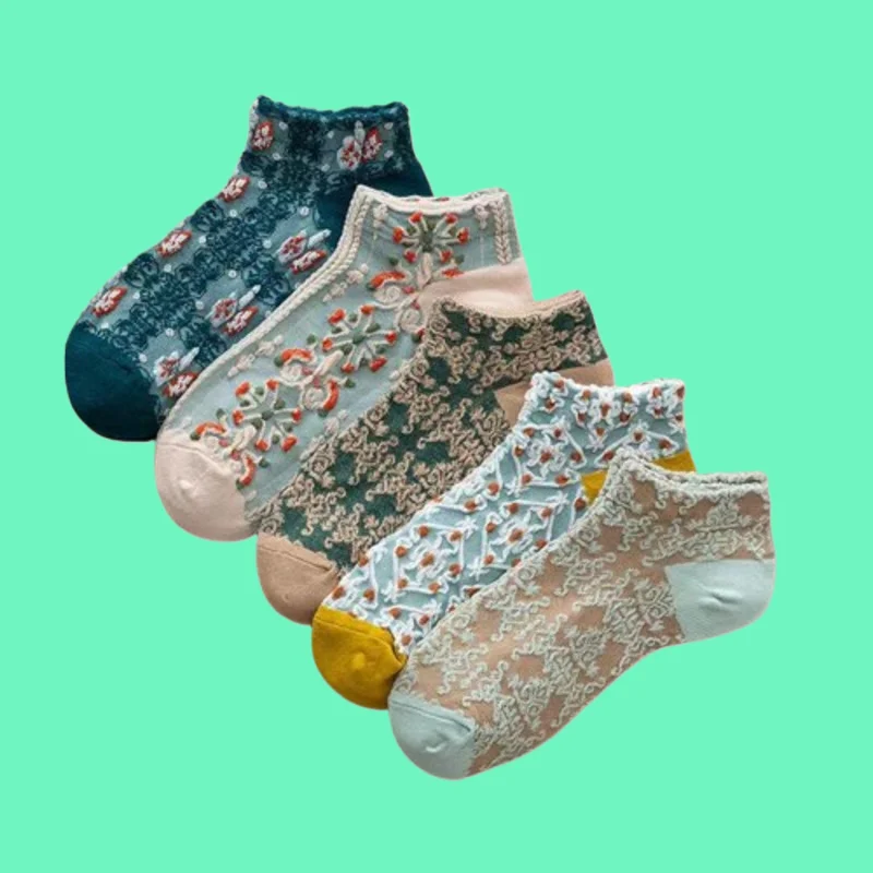 

5/10 Pairs Women's Retro Contton High Quality Short Socks Trendy Women's Ankle Low Cut Socks Literary Palace Style Boat Socks