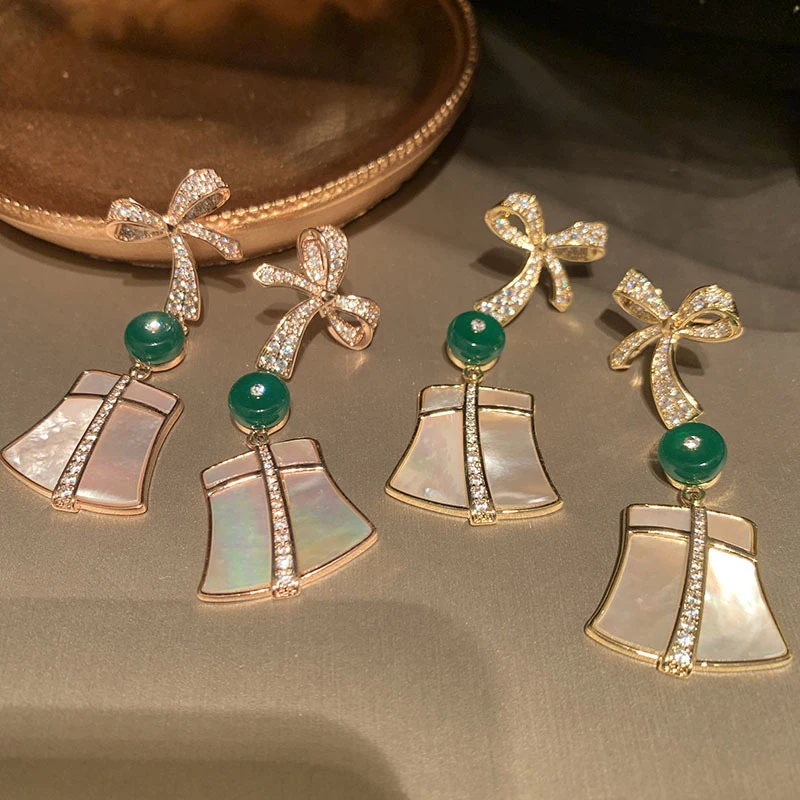 

luxury Bow Mother of Pearl Fan Drop Earrings Rose Gold Tone Cubic Zirconia fan shape dangle earrings Jewelry