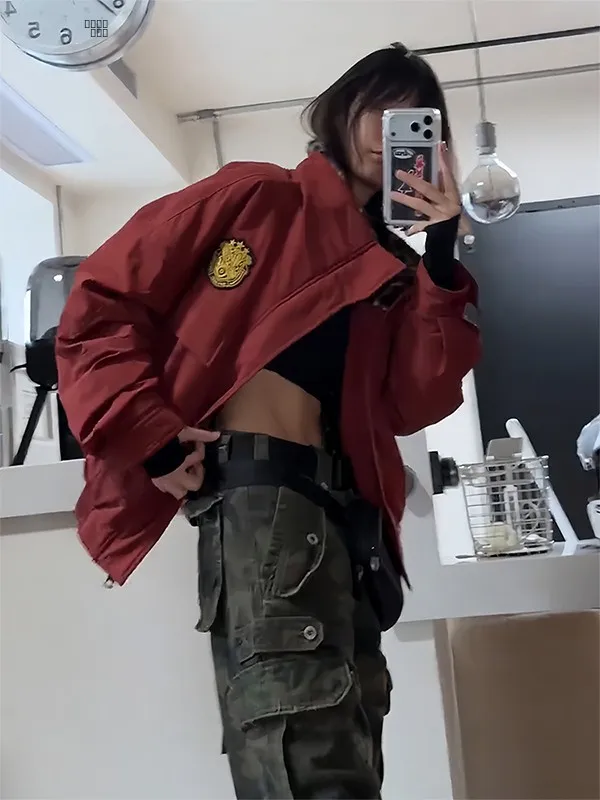 

Red Thiened Fce Lined ort Jaet Cotton Workwear for Men And Women with Stand Collar Mountain Eagle Patterned Winter Coat