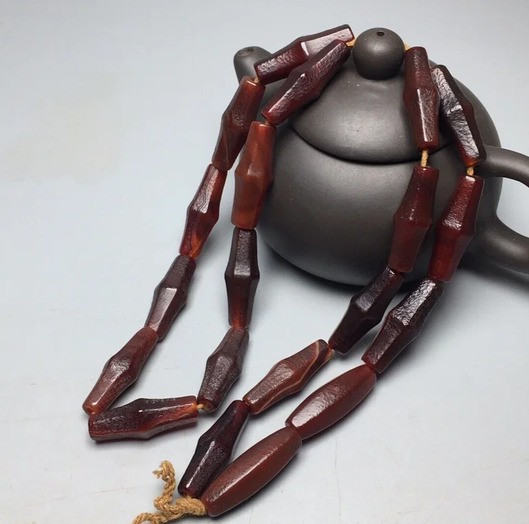 Tibetan Natural Silk Patina Old Red Agate Dzi Beads Necklace M3273