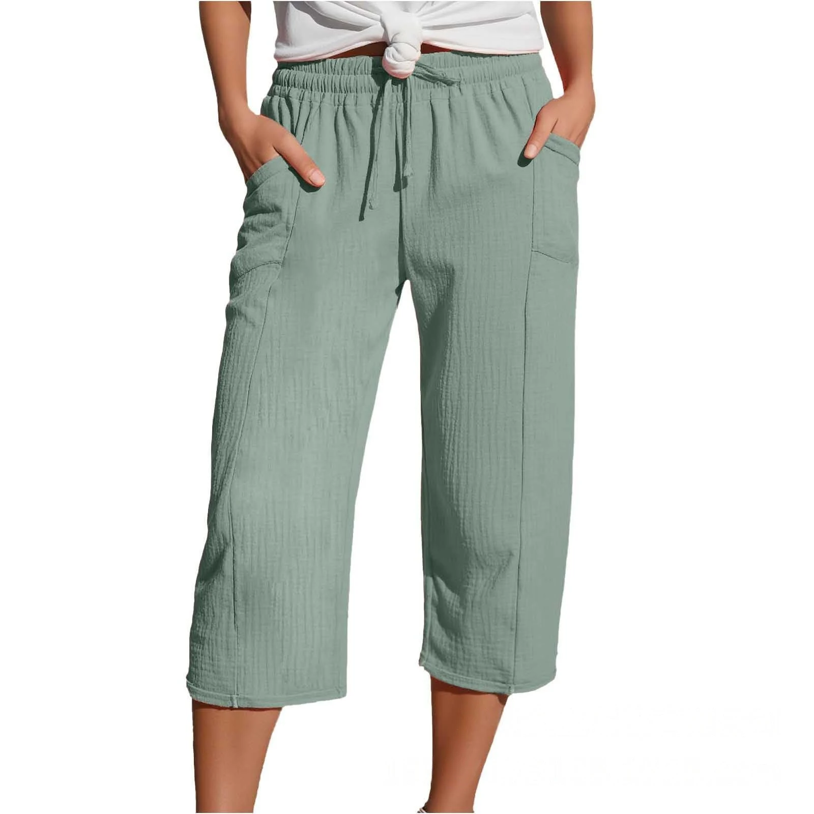 Women's Cotton Linen Drawstring Elastic Waist Capri Pants Summer Crinkle Textured Casual Cropped Trousers with Side Pockets