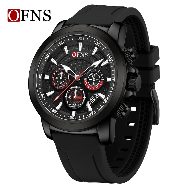 OFNS-Montre à Quartz avec Calendrier Multifonctionnel pour Homme, Chronométrage d'Affaires, Bracelet en Silicone, Noir, Rouge, Jaune, Bleu, 1603