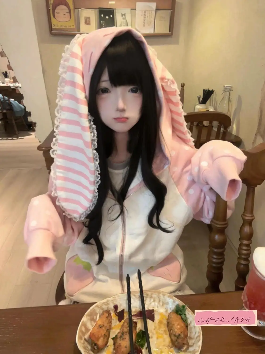 레이스 패치워크 물방울 무늬 루즈 캐주얼 두꺼운 스웨터 재킷 후드 딸기 토끼 귀 귀여운 핑크 겨울 하라주쿠 Y2K 여성용