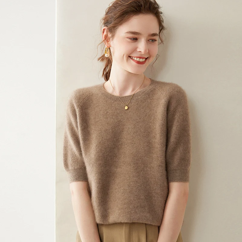 Women T-shirt 100% Cashmere Sweater 2024 New Short Sleeve Pullover Spring O-Neck Basic Jumper For Female Soft Shirt Girl Clothes