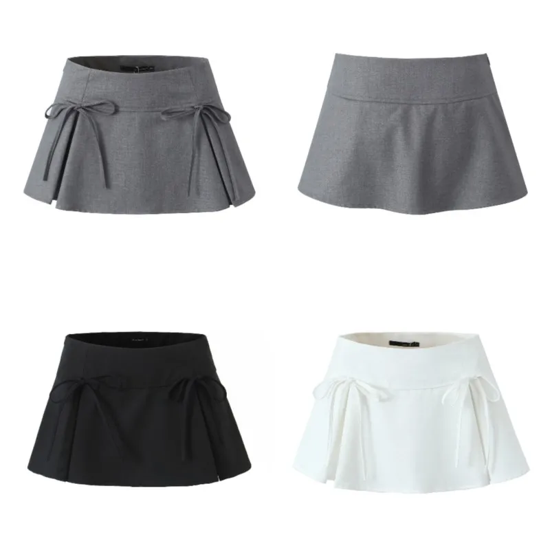 2024 Y2K American Retro Women Solid Color Ruched Pleated Bow Front Mini Skirt Side Zipper A-line Short Saia Skirt Cool Girl