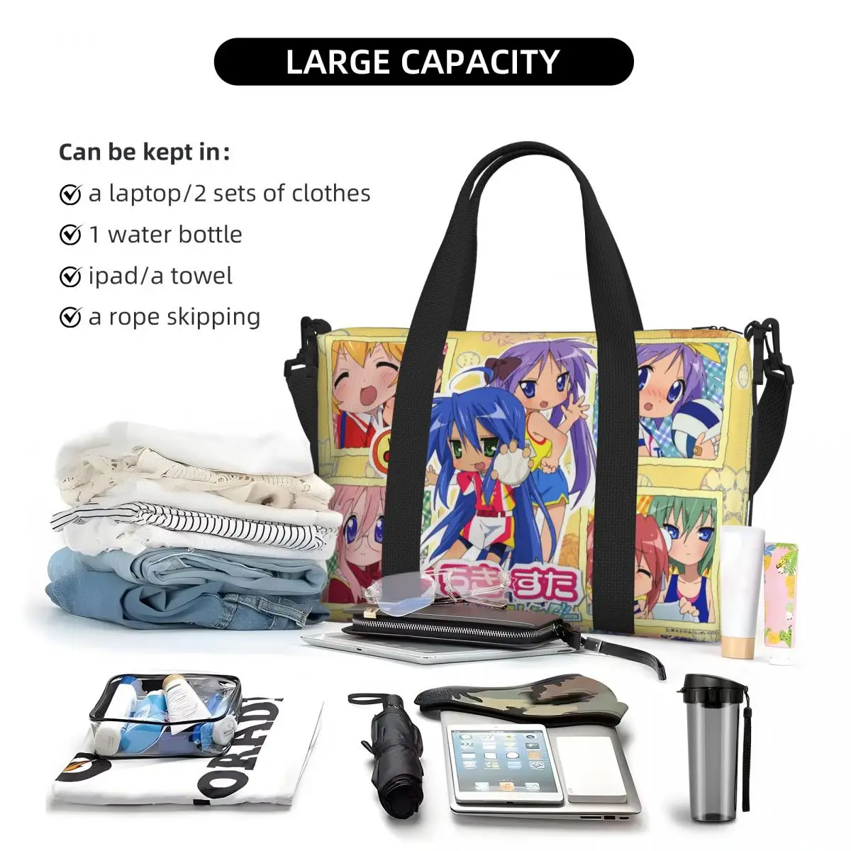 Aangepaste Kawaii Lucky Star Anime Strand Tote Bag Vrouwen Extra Grote Gym Carry On Japanse Game Travel Boodschappentassen