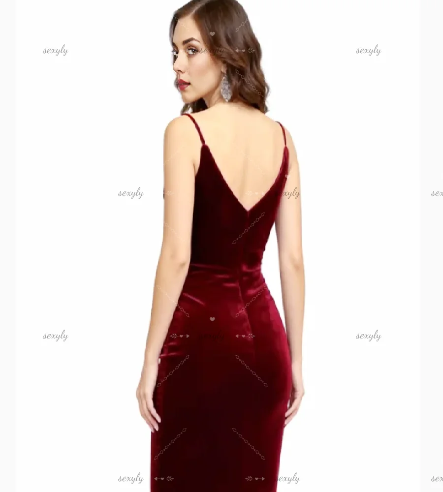 Charming Wine Mermaid Evening Dress 2026 Sexy Spaghetti Straps Velvet Prom Dress Slit Birthday Dinner Party Formal Occasion Wear