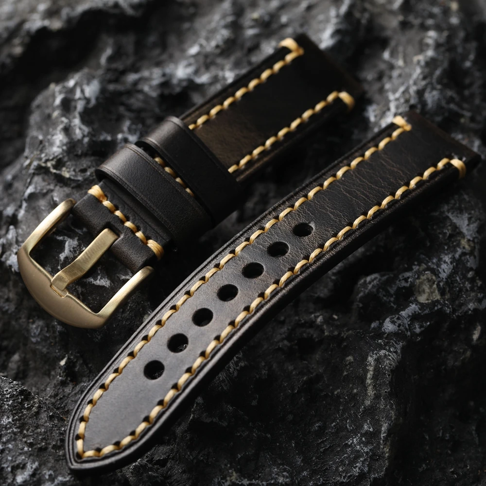 Handmade Italian Oil Waxed Leather Strap 20 22 24MM Bronze Watch Bracelet Vintage Style Brass Clasp Handmade Thickened Watchband