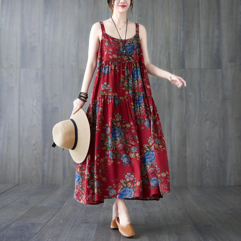 Lâche coton lin longue Dr femmes Midi Vintage Anti-âge imprimé fleuri sangle Dr confortable a-ligne jupe été Dr