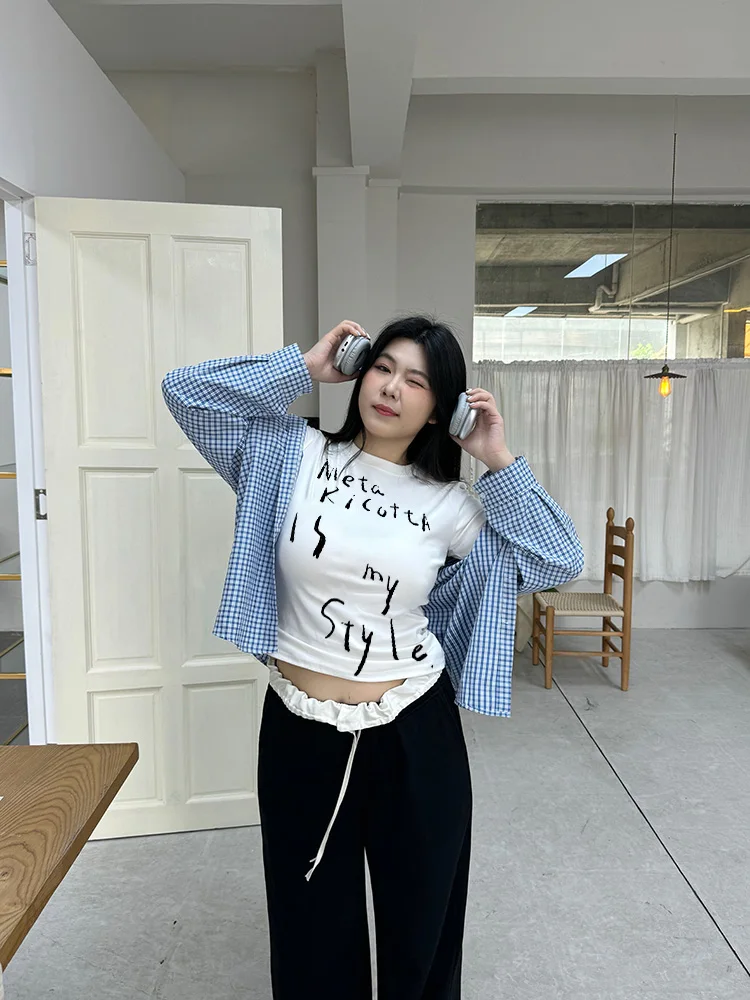 

NINI ONE Loose Large Plaid Sun Protection irt Refreing Blue id Big irt Slimming Sweet Sister Outerwear for Plump