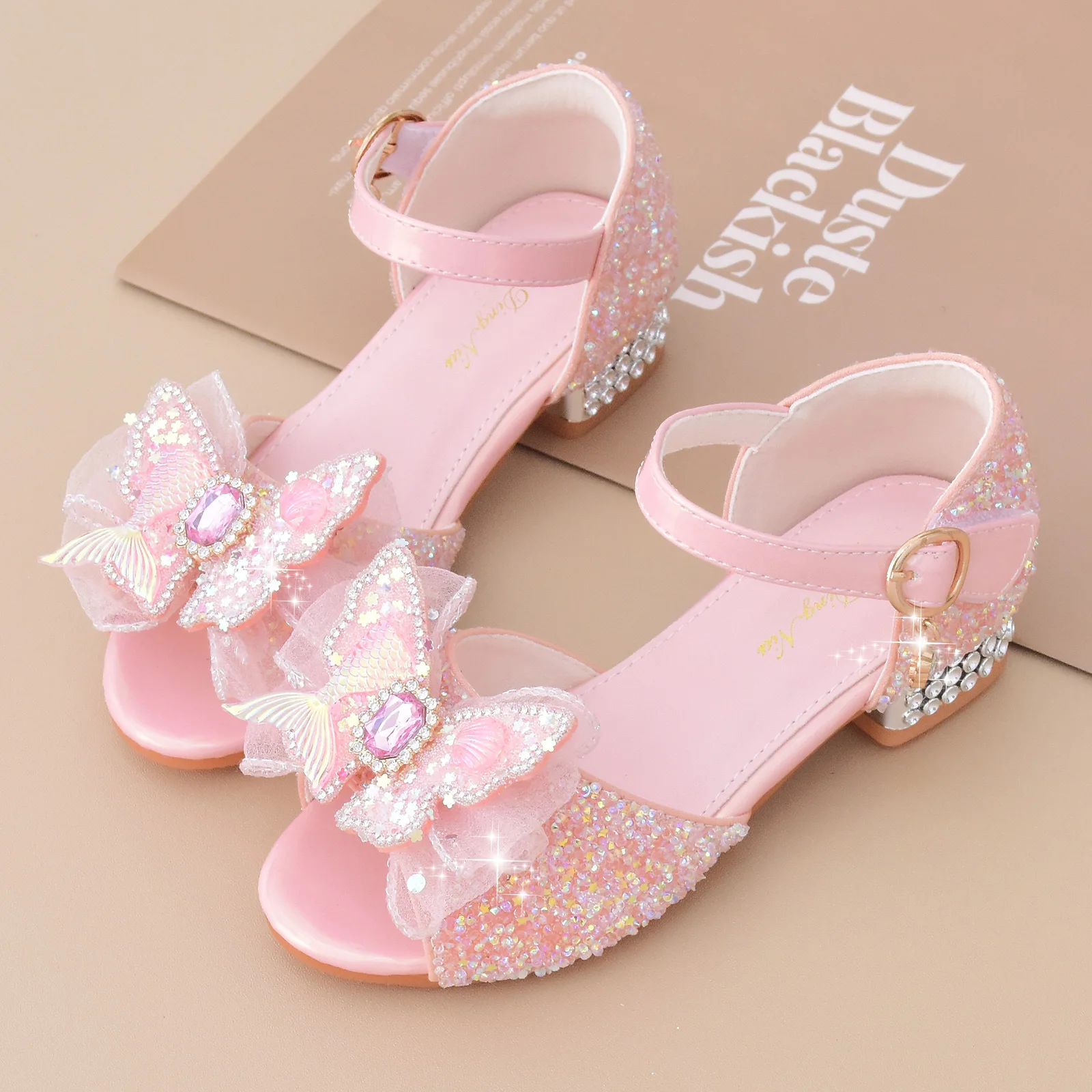Princess Girls Party Dress Shoes Colorful Sequins Children High Heels Soft Soles Girls Peep Toe Sandals Summer Kids Dance Pumps