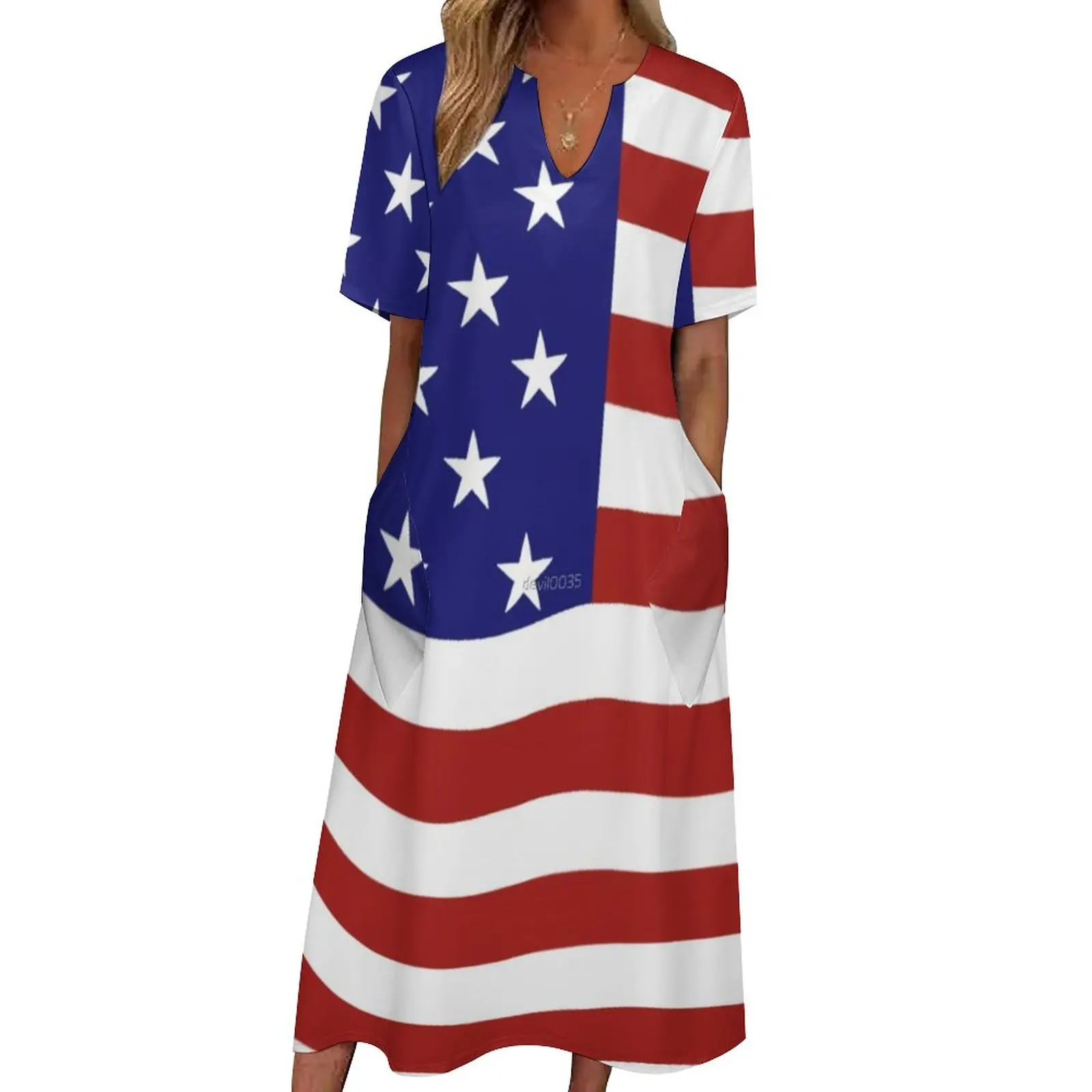 

American USA Flag Print Dress July 4th Elegant Maxi Dress V Neck Graphic Bohemia Long Dresses Aesthetic Oversized Clothing