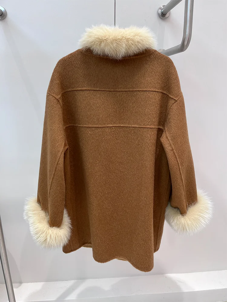 2025년 신상 겨울 따뜻한 여성용 천연 여우털 칼라 코트 재킷 울 망토 캐시미어 럭셔리 두꺼운 여성 코트