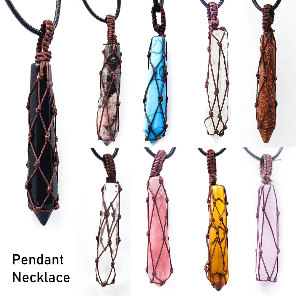 

12pcs Hexagonal Prism Stone Pendant Cord Holder Wax Rope Necklace Natural Quartz Crystal Chakra Healing Stone Net Bag Jewelry