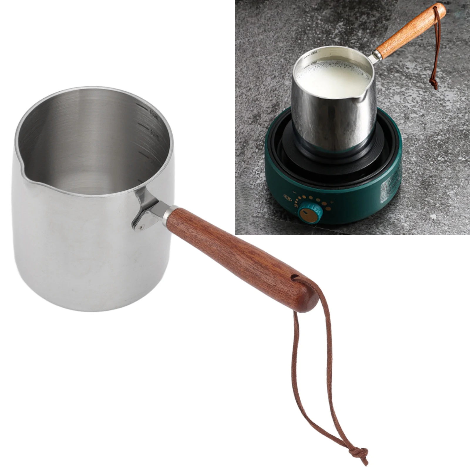 450ML Stainless Steel Butter Warmer Mini Butter Coffee Milk Pot Small Saucepan with Wooden Handle