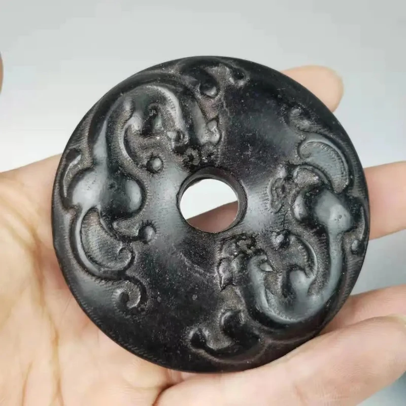 Collection Elaborate Interesting Chinese Hongshan Culture hand-carved Black Meteorite Double Dragon ornament