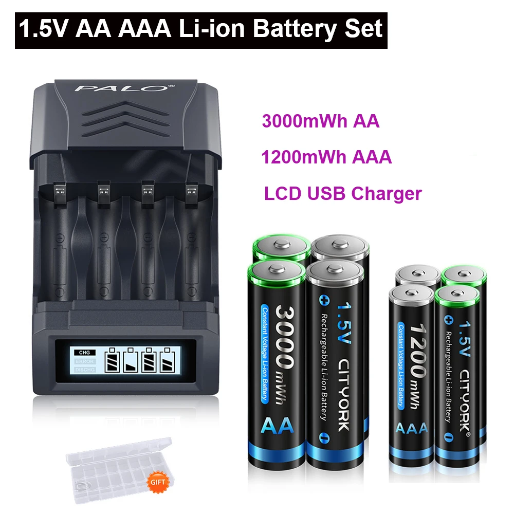 1.5V AA AAA Li-ion Rechargeable Batteries 3000mWh 1200mWh Lithium 2A 3A Battery + 4 Slots LCD USB Charger for Mouse Electric Toy